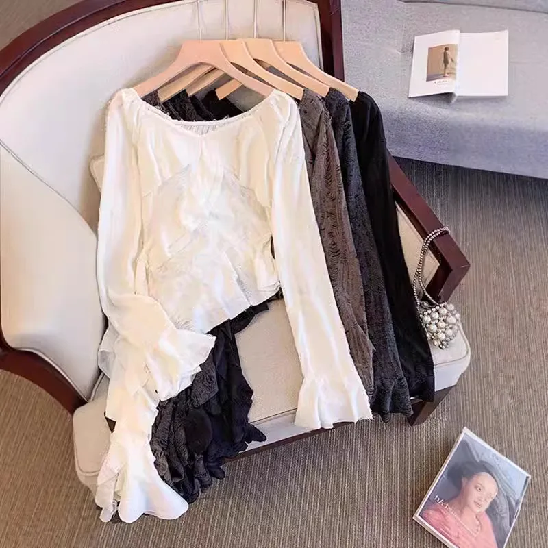 

Y2k V-neck Ruffles Patchwork Shirt Women Spring Autumn New Bottoming Blouses 2025 Long Sleeve Slim Fit Blusas De Mujer
