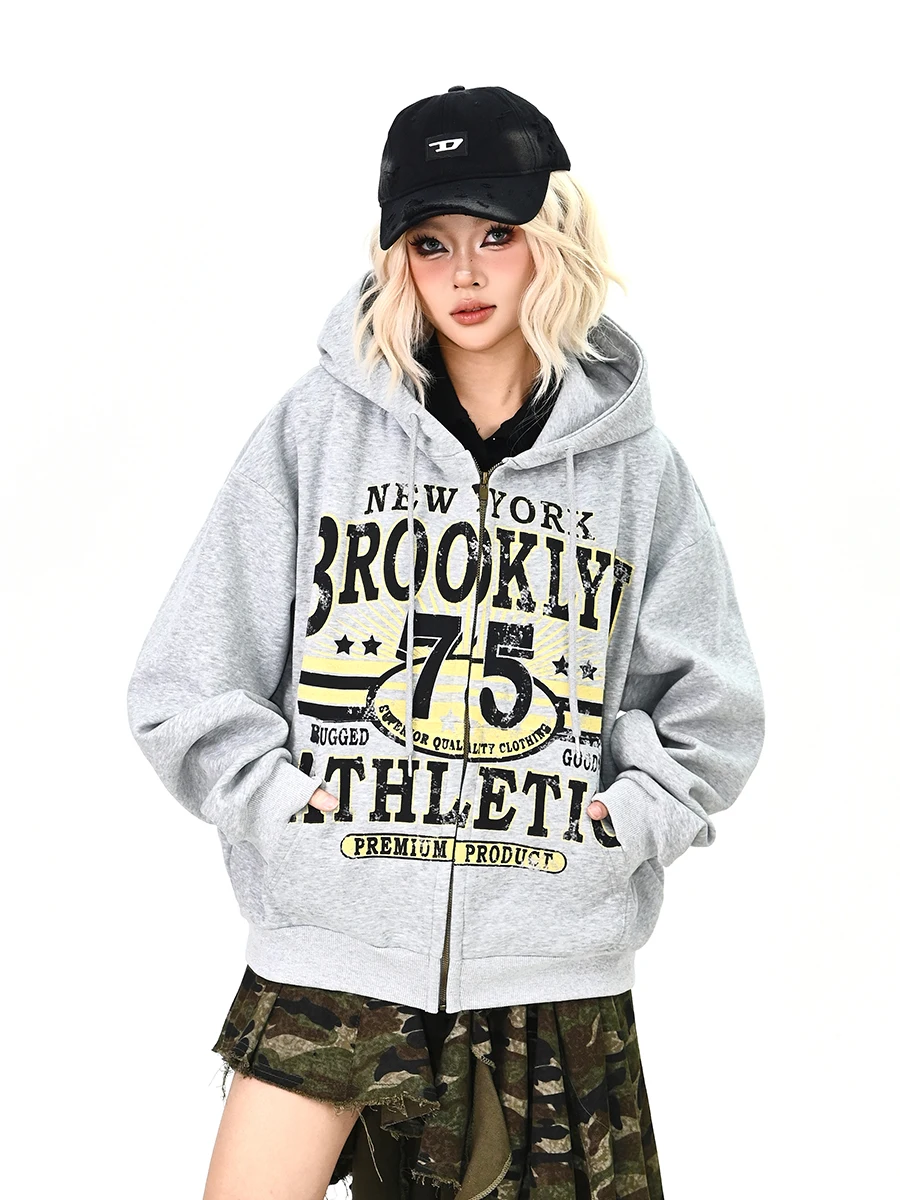 

Creative Letter Print Hooded Cardigan Sweatirt Loose Bf College Sle Jaet for Women Spring New Arrival Simple Design