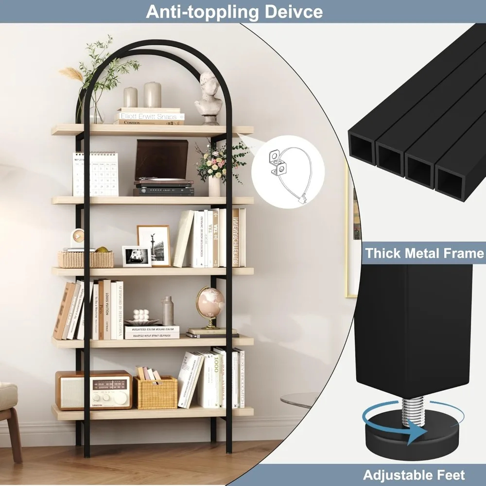 رف كتب مكون من 5 طبقات مقوسة، أرفف كتب صناعية مفتوحة بطول 74 بوصة لغرفة المعيشة، رفوف عرض حديثة قائمة بذاتها