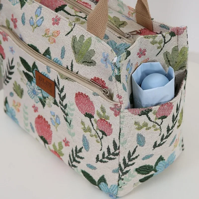 حقيبة غداء جاكار محبوكة سميكة وصلت حديثًا بسعة كبيرة، تتميز بطبقة عازلة من رقائق الألومنيوم وإغلاق بسحاب