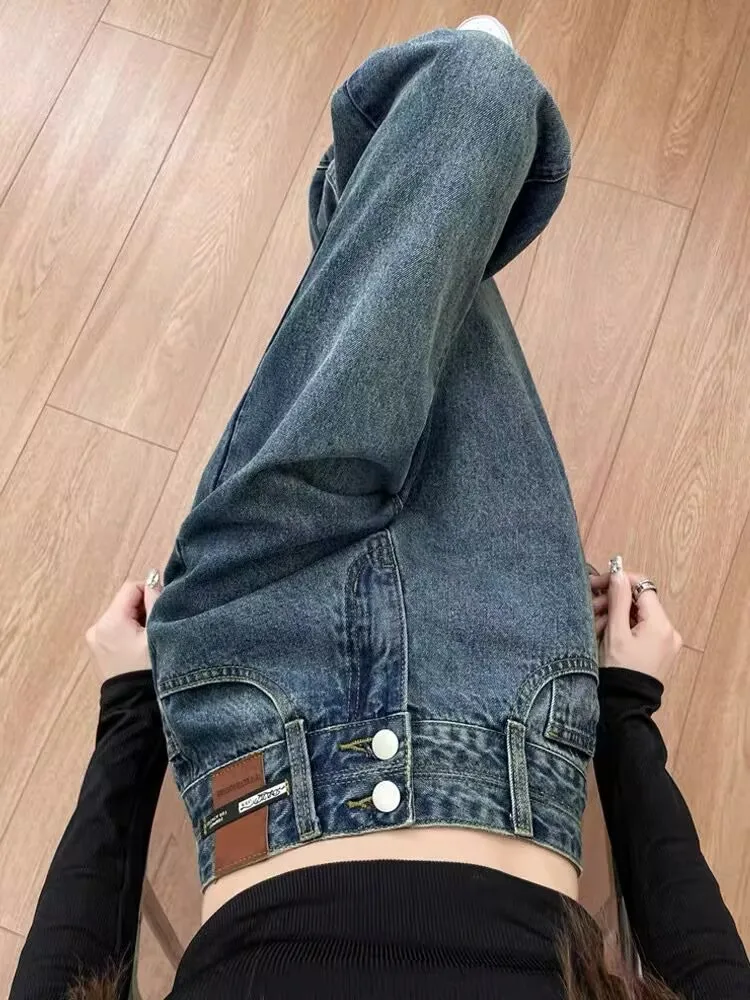 

High Waist Wide Leg Fce Lined Denim Jeans Women's Autumn Winter plus Size New Sle Retro Conceal Meat Straight Leg Pants
