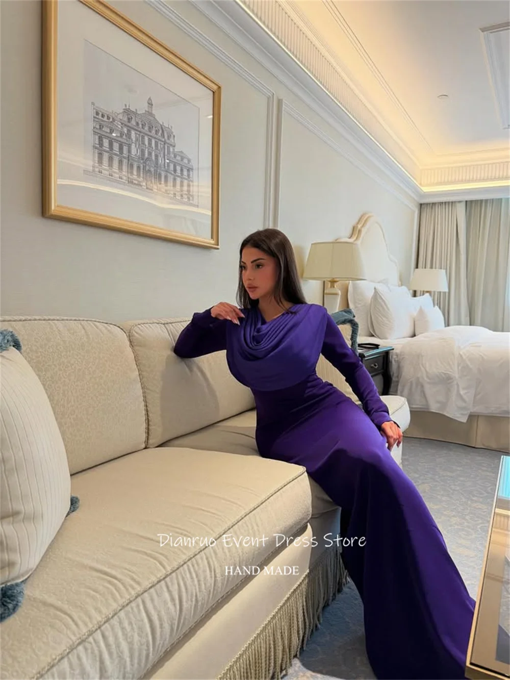 Dianruo Фиолетовые вечерние платья с капюшоном и вырезом Атласные платья русалки для гостей длиной до пола Bodycon Fit Robes De Cocktail по индивидуальному заказу