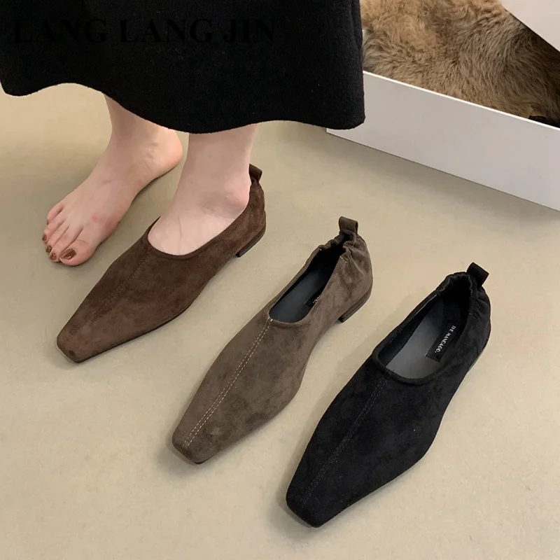 New Spring Autumn Shoes Women Loafers Suede Ballerina Square Toe Flats Ballet Shallow Soft Moccasins British Style Sneaker Mujer
