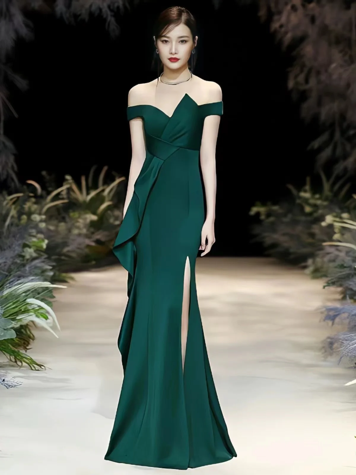 Green Mermaid Evening Dresses Sexy Off Shoulder Prom Gowns Side Slit Elegant Classy Women Special Occasion Party Dress