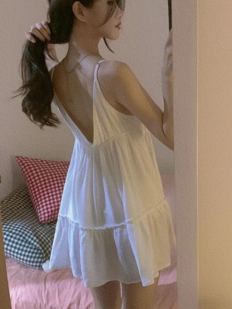 Mini Nightgowns Women Sexy Fashion Soft Summer Sleeveless Daily Backless Simple Solid Elegant Loose Design Folds Sleepwear Hot