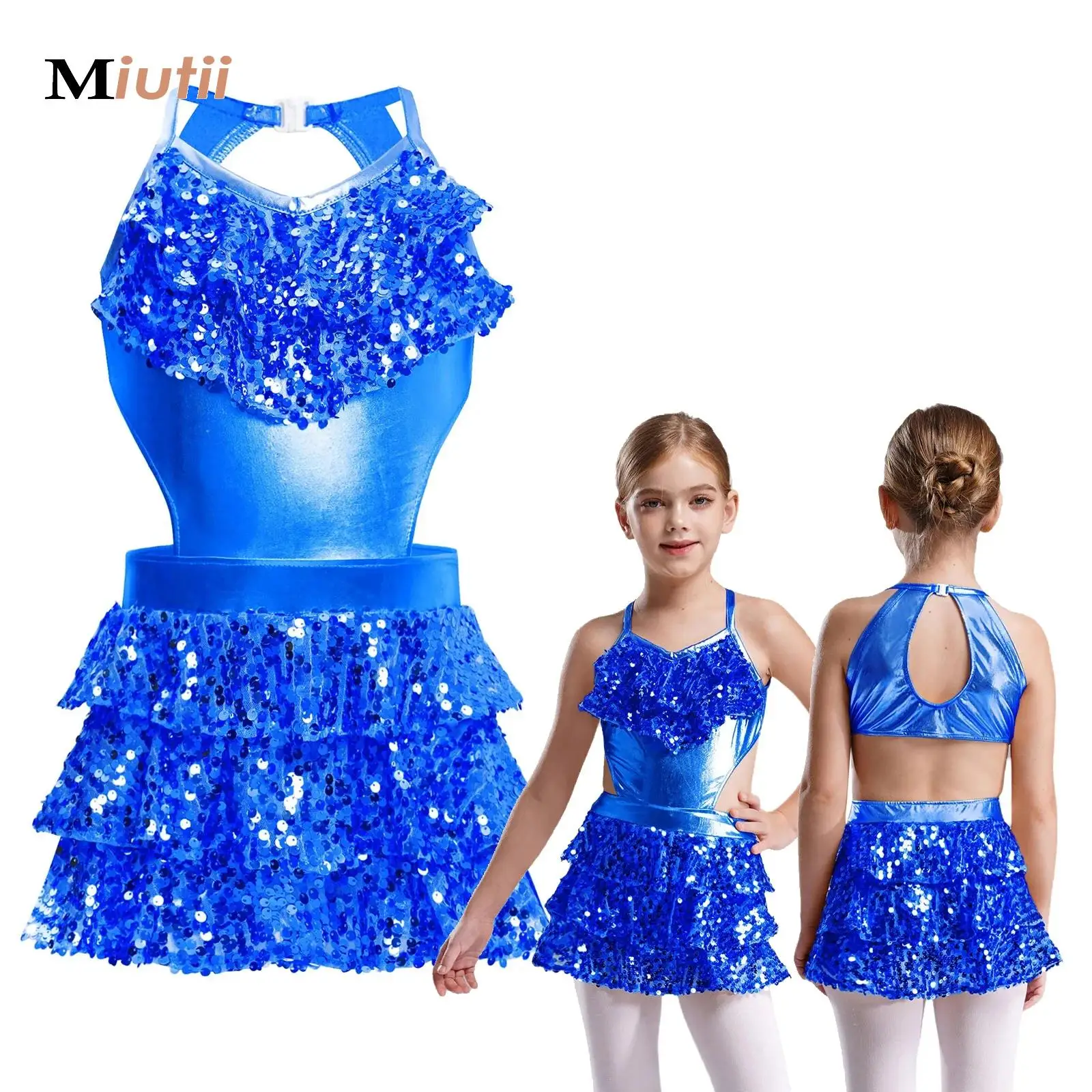 

Kids Girls Latin Jazz Dance Dress Cha-cha Samba Rumba Performance Costume Sleeveless Sequins Cutout Metallic Tiered Bodysuit