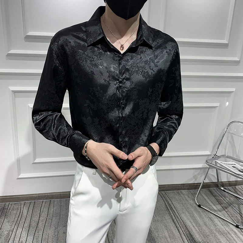 Male Luxury Print Shirt Punk Gothic Dress Shirts Korean Style Men Vintage Designer Shirt Long Sleeve Night Club Men Social Shirt