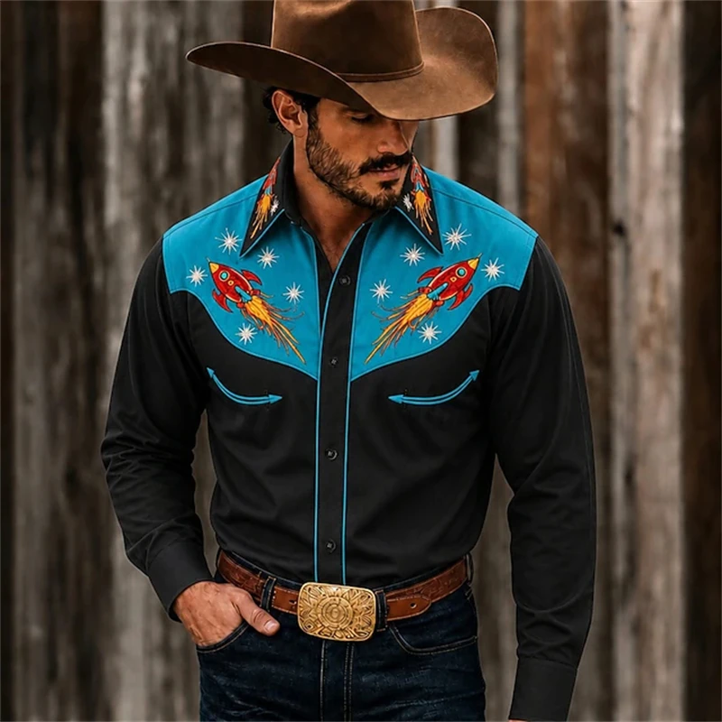 Men's Long-Sleeve Shirt Fall 2026 Collection Vintage Western-Style Floral Print Loose Plus-Size Fit Outdoor Streetwear Style Top