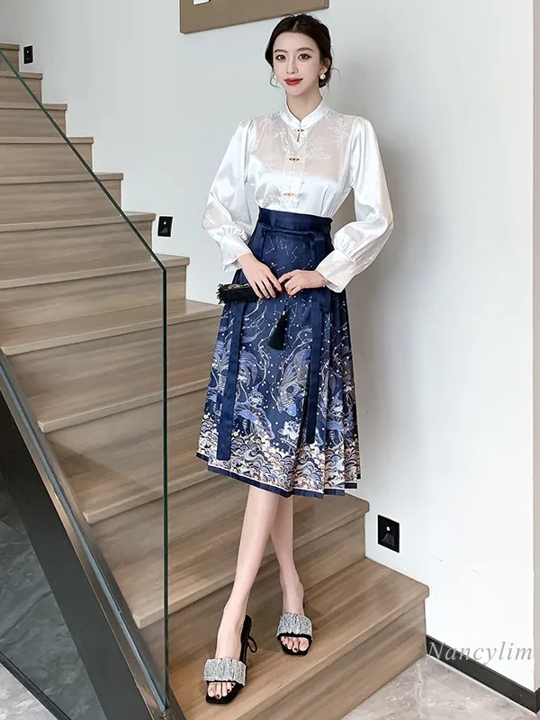 Daily Commuting Horse-Face Skirt Suit Women\'s 2024 Spring and Summer Outfits Two Piece Set New Chinese Style Blouse Hanfu Skirt