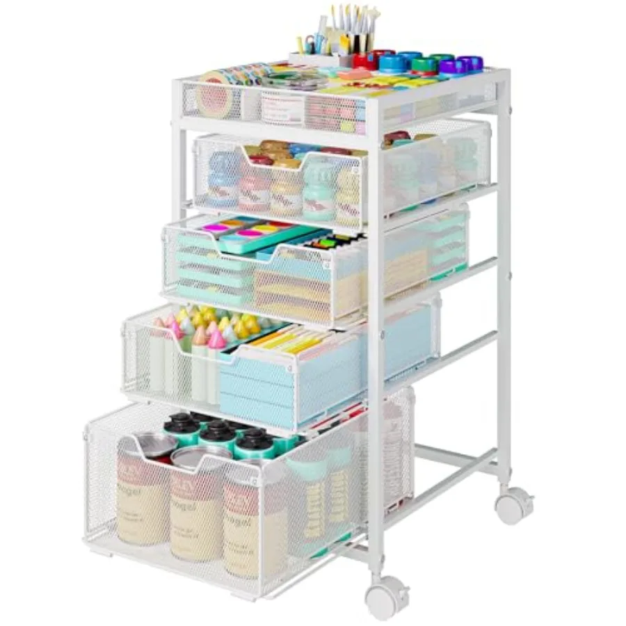 

Rolling Utility Cart with 4 Drawers Craft Organizer and Storage Carts with DIY Divider Lockable Wheels Storage Organizer for Ar