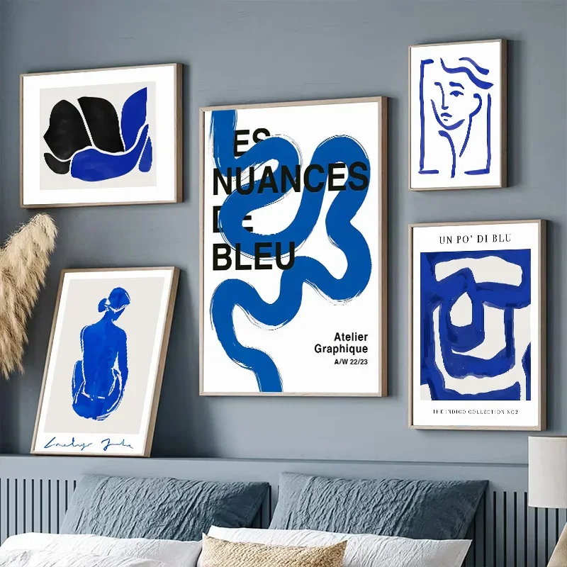 Blue Abstract Colour Block Letter Line Art Poster Nordic Minimalist Modern Trend Gallery Exhibition Canvas Painting Wall Art