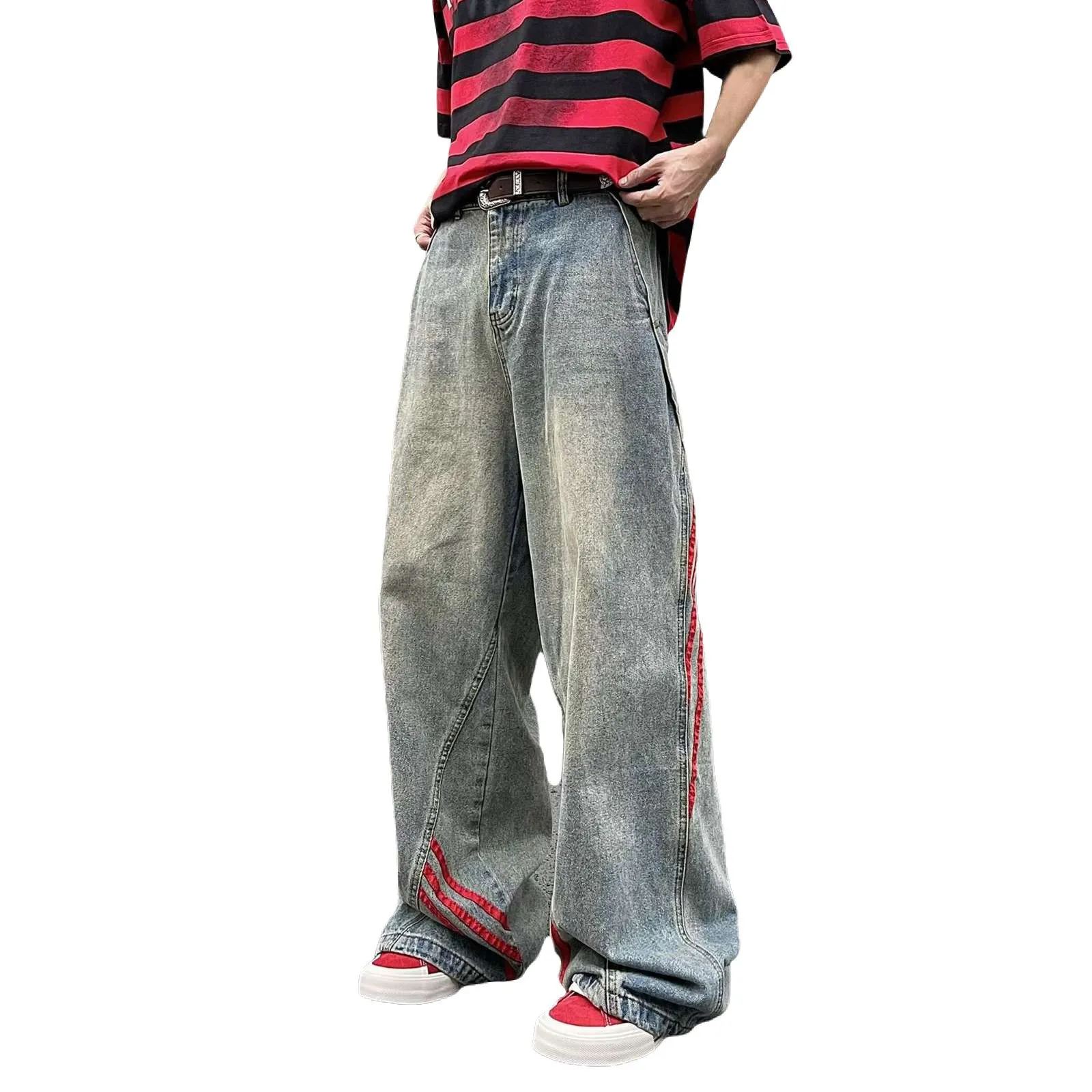 

Harajuku Hip-Hop Red Striped Splicing Design Oversized High-Waisted Jeans Men Y2k Street Aesthetic Popular Straight Baggy Pant