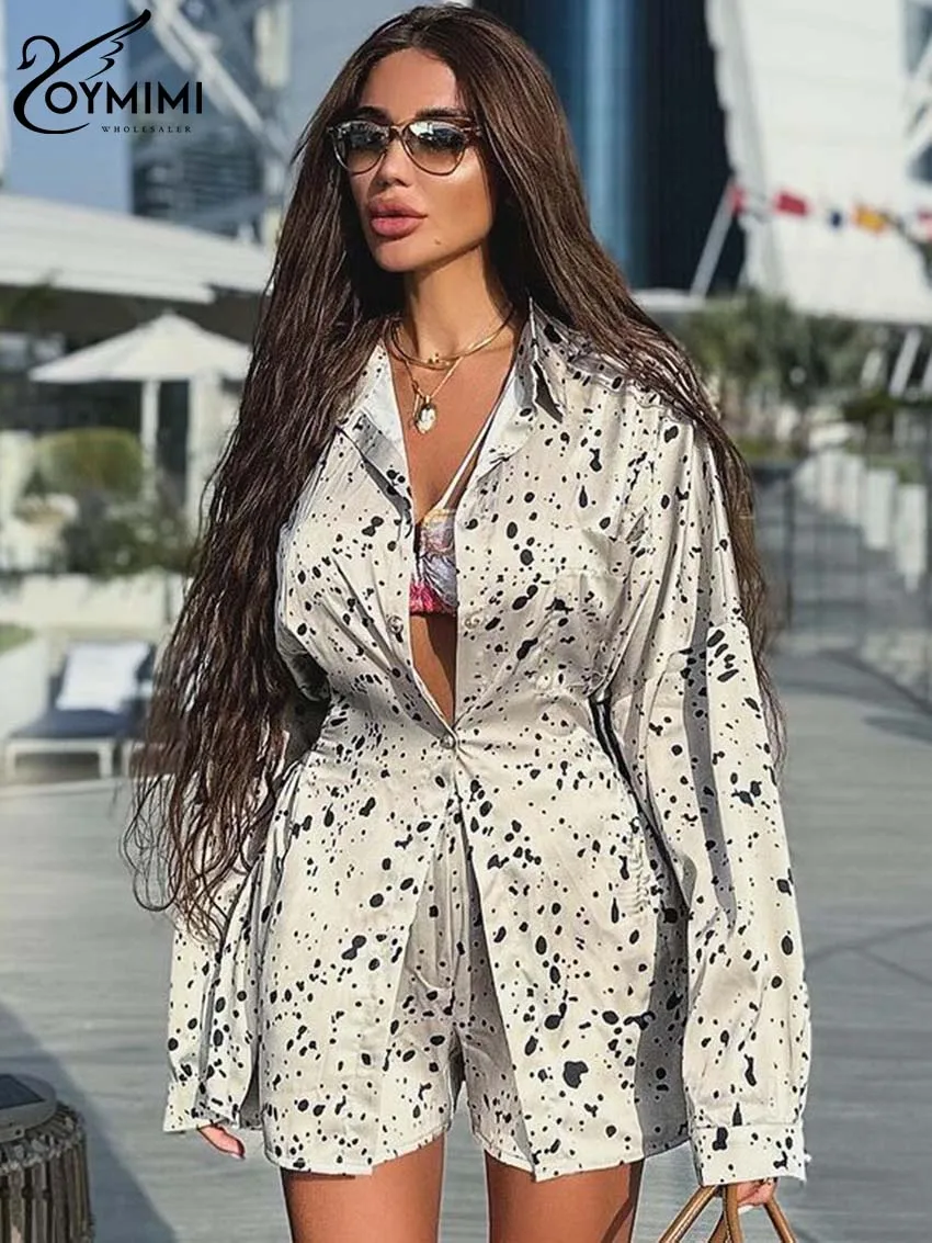 

Oymimi Fashion Khaki Print Sets For Women 2 Pieces Elegant Lapel Long Sleeve Button Shirts And High Waist Slim Shorts Female Set