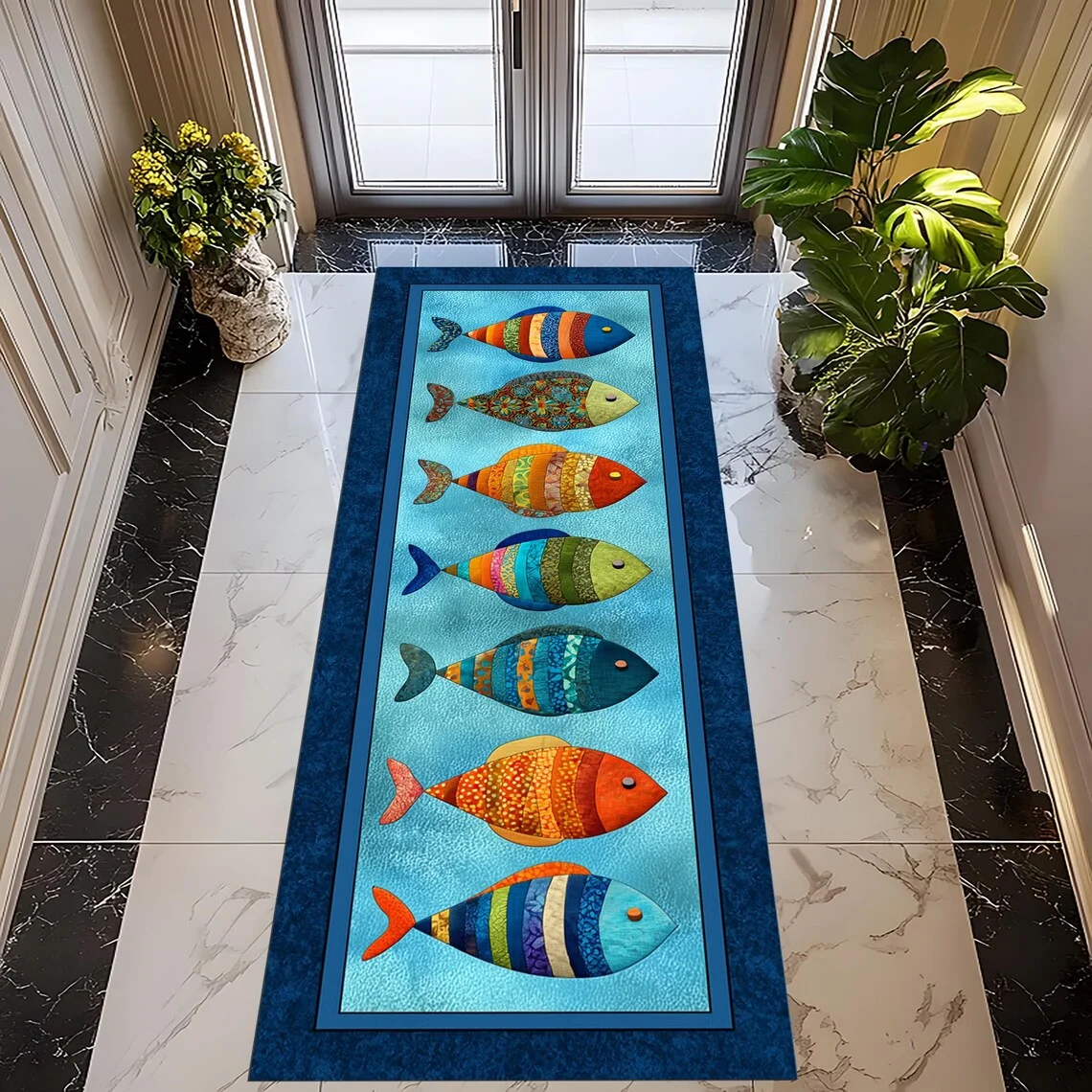 Colorful Fish Printed Hallway Runner Rug Anti-Slip Long Entrance Doormat Ocean Theme Floor Carpet for Bedside Kitchen Mat