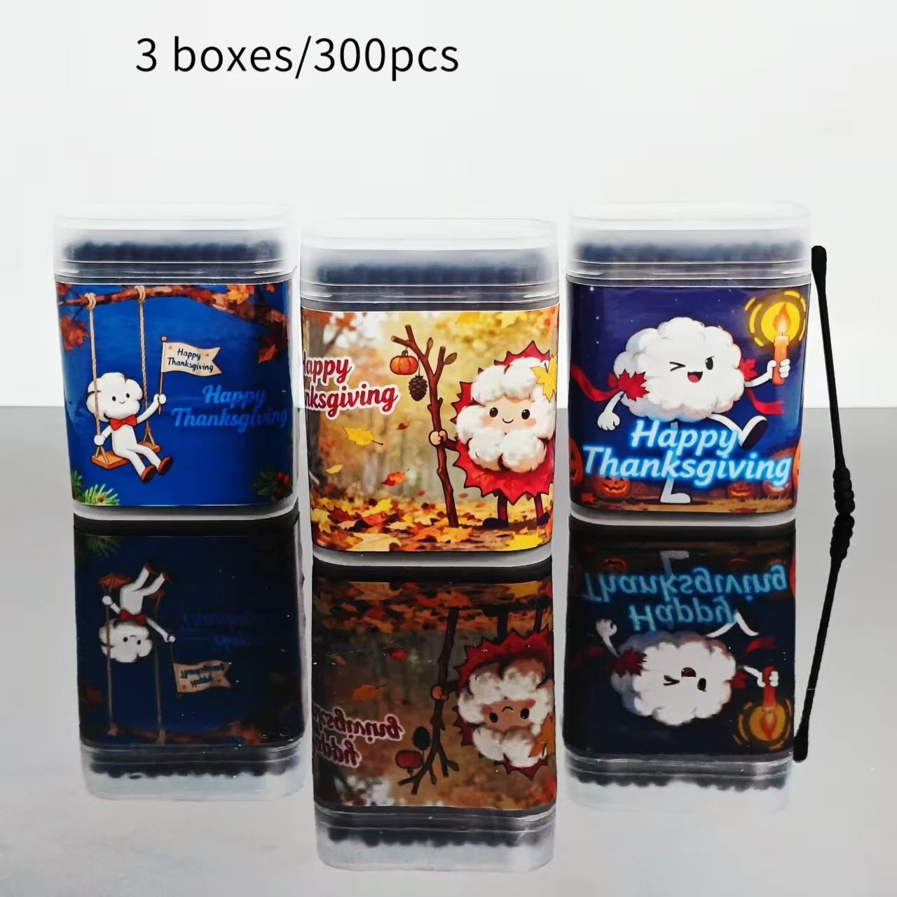 성인용 추수감사절 테마 양면 면봉 300개, 창의적인 추수감사절 요소, 검은색 면봉