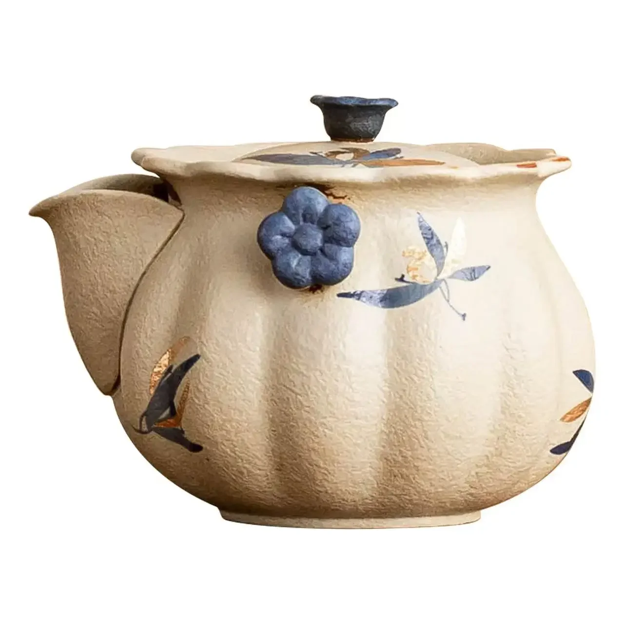 150ML Blue and White Flint Red Flower Mouth Hand Grab Pot Gold Painted Butterfly Orchid TeaPot Anti-scalding Hand Kung Fu TeaSet