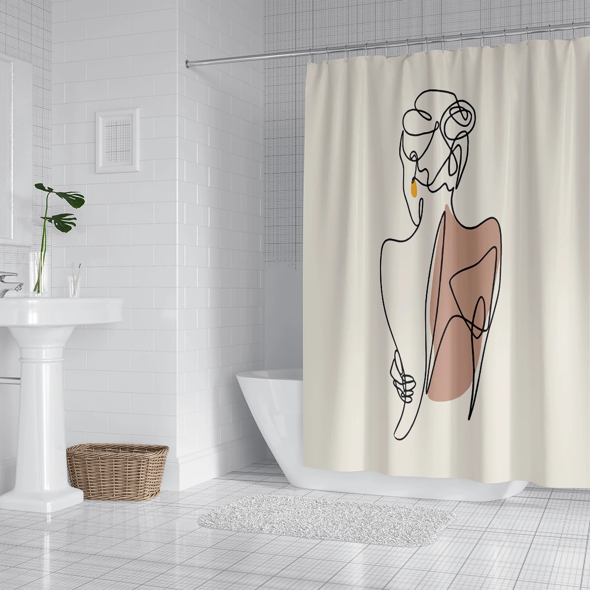 1PC, 180x180cm bathroom polyester shower curtain, mold resistant, waterproof, perforated with hooks, female portrait sketch