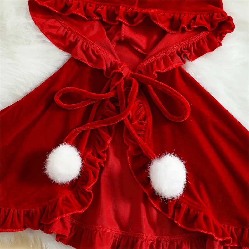 Christmas Girls Red Cloak Lovely Soft Hooded Lace Frills Hooded Poncho Cape with Plush Balls Kids Costume Outfit