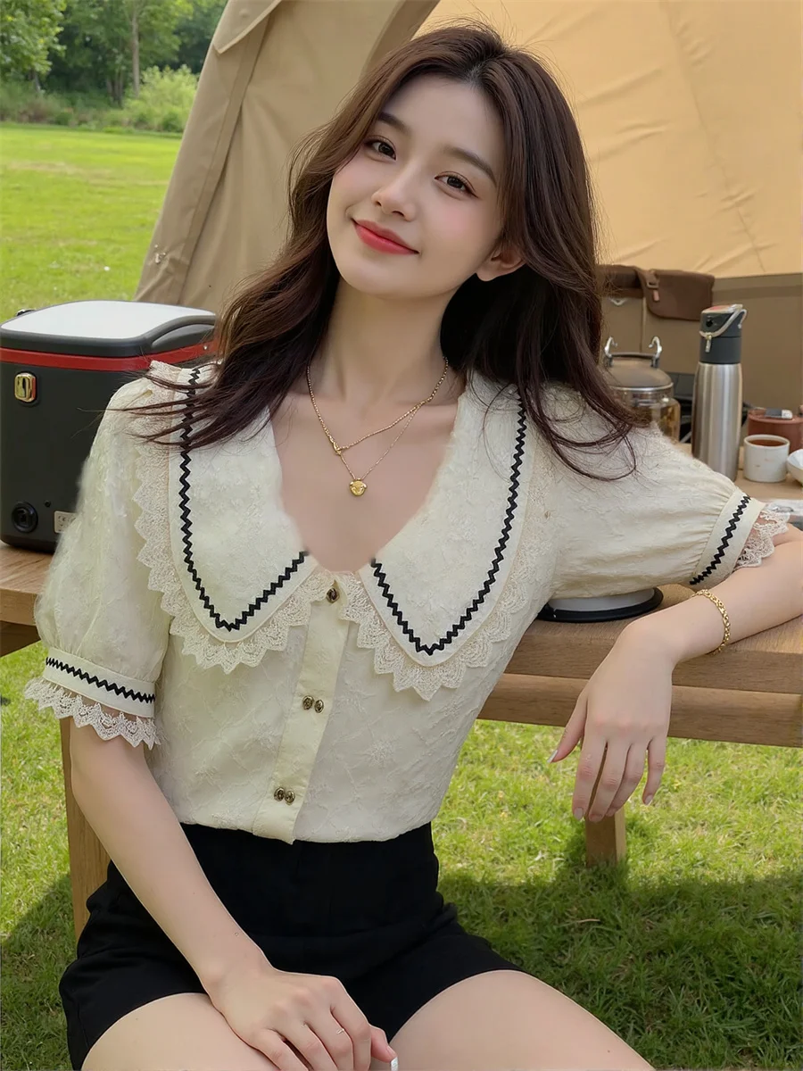 Nette Spitze Shirts Mädchen Blusen Kleidung Für Frauen Herbst Süße Kragen Gymnasium Schnell Trocknend Atmen Kurzen Stil All-Match täglich