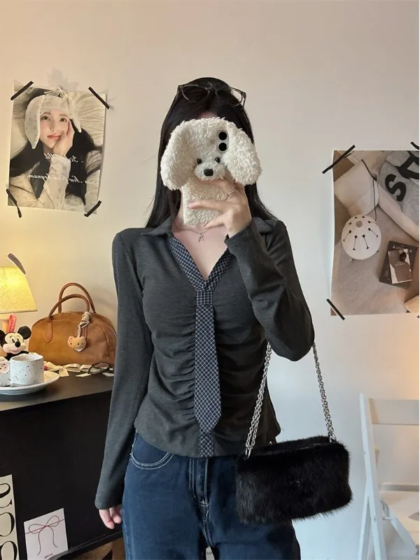 

plus Size Slim Fit Long Sleeve Neck T-Shirt Korean Style Commute Fashion Big MM Fake Two-Piece Patchwork Base Layer Folded