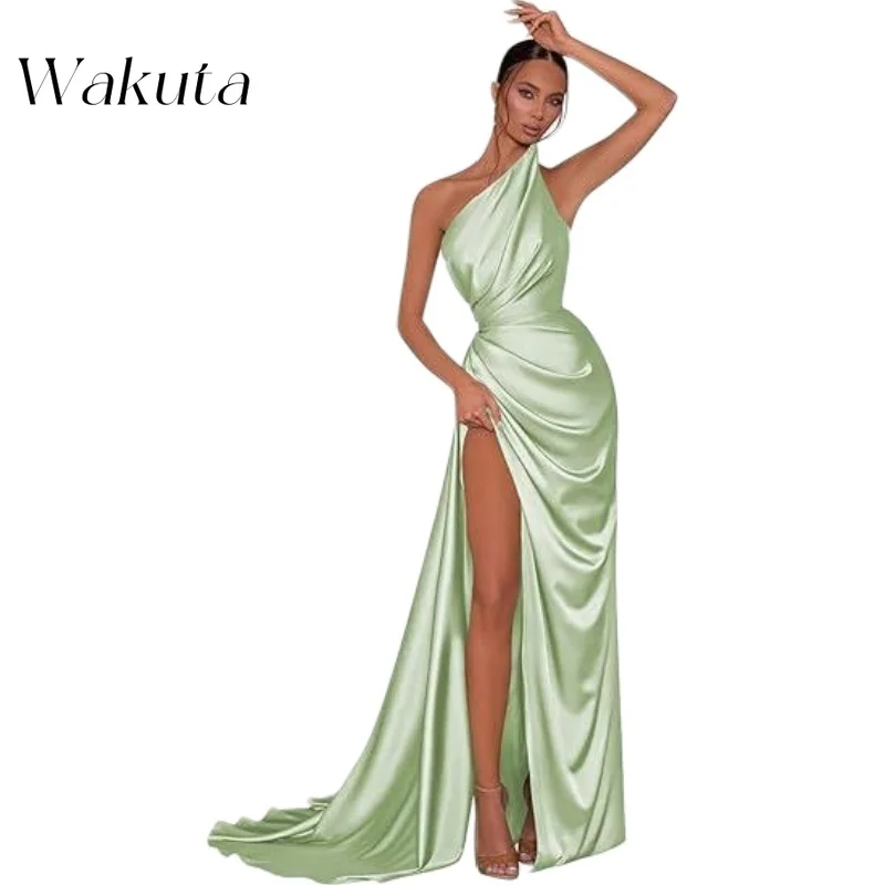 Wakuta-vestido De dama De honor De satén con un hombro descubierto, vestido De noche Formal De sirena con abertura larga, Sexy, 15 Años