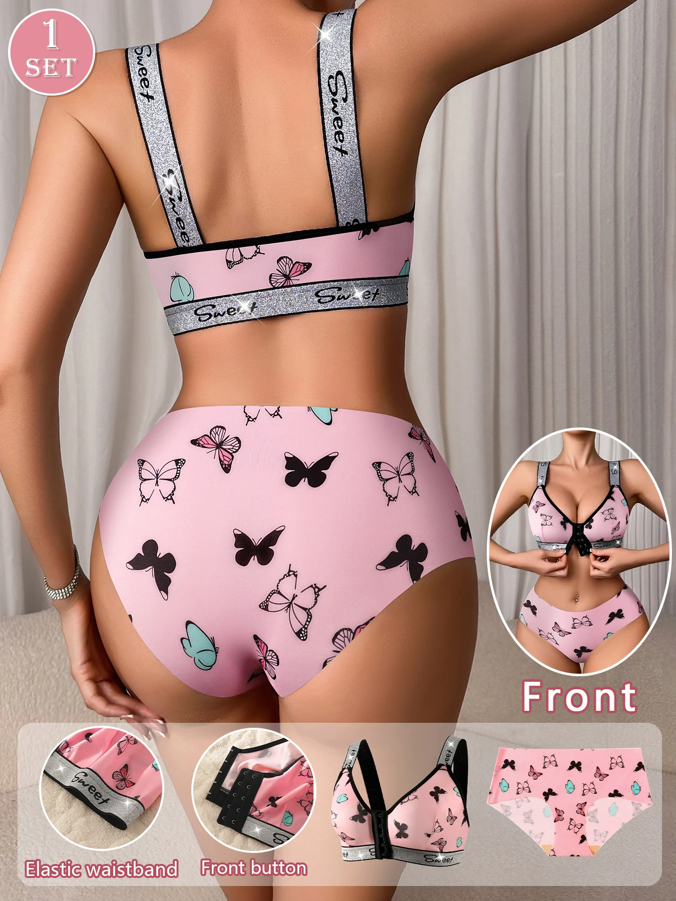 1 Set of Pink Front Button Women's Underwear Set, Widened Shoulder Strap Without Steel Ring Bra and Seamless Underwear