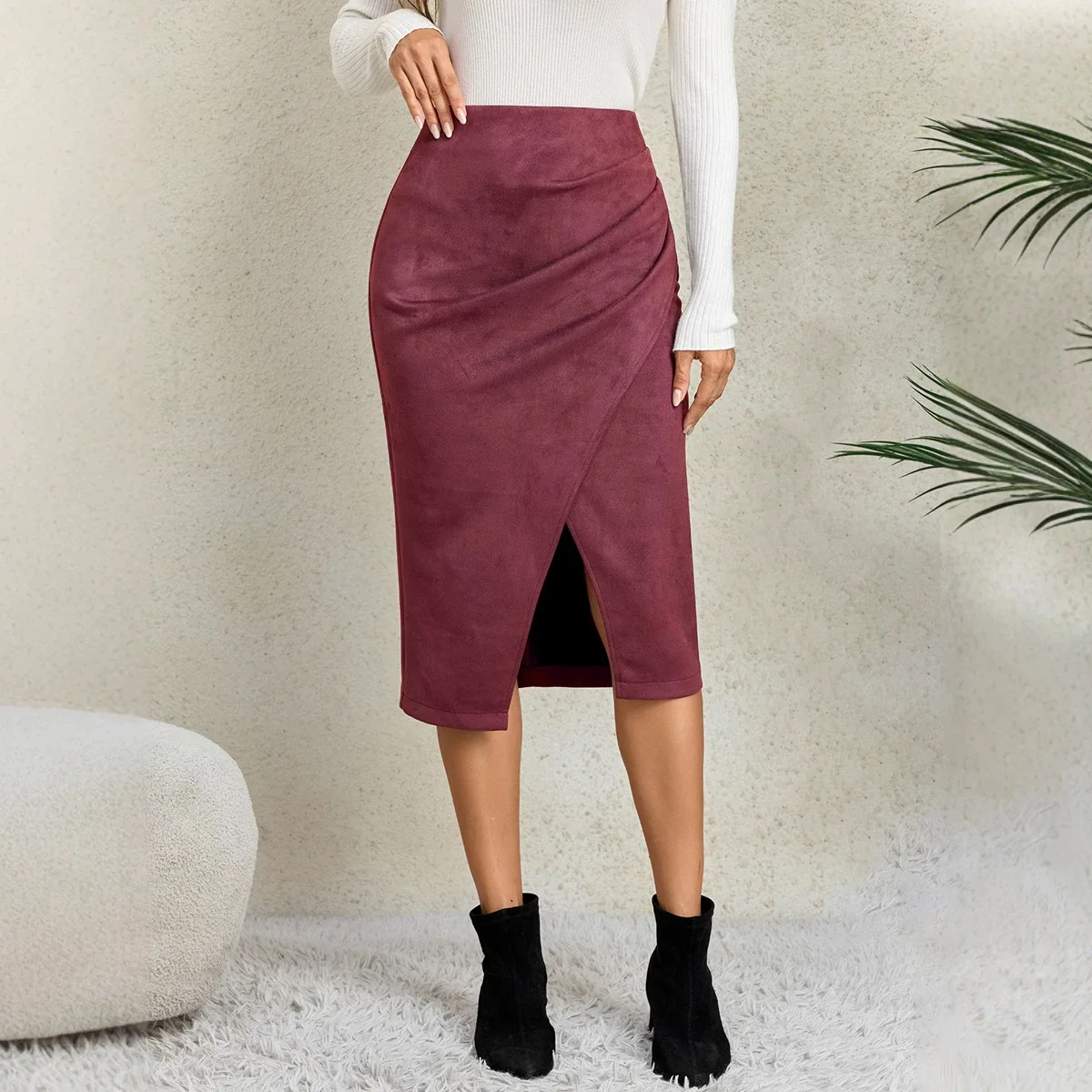 2026 Autumn and Winter New Women's Suede Skirt Split High Waist Zipper Medium and Long Skirt