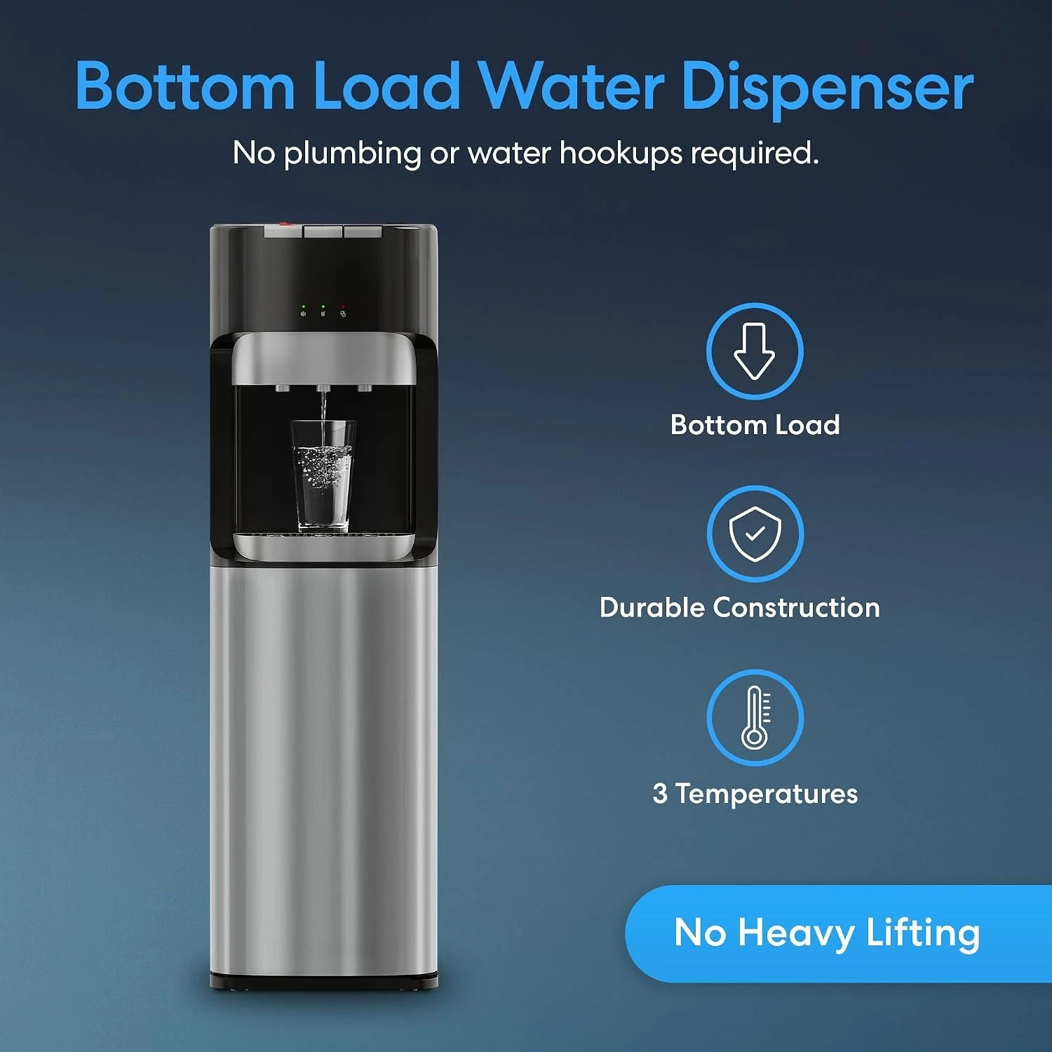 Bottom Loading Water Cooler Dispenser for 5 Gallon Bottles - 3 Temperatures , LED Display with Empty Bottle Alert, Stainless Steel