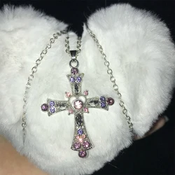 Fashion Punk Pink Purple Zircon Cross Necklace for Woman Y2K Rhinestone Pendant Clavicle Chain Charm Party Jewelry Accessories