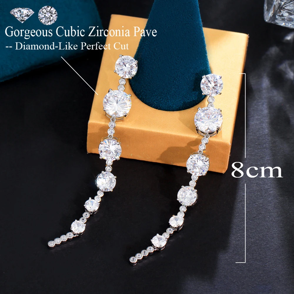 BeaQueen Sparkling Round Cubic Zirconia Super Long Line CZ Drop Earrings for Women Bridal Wedding Party Jewelry Accessories E627