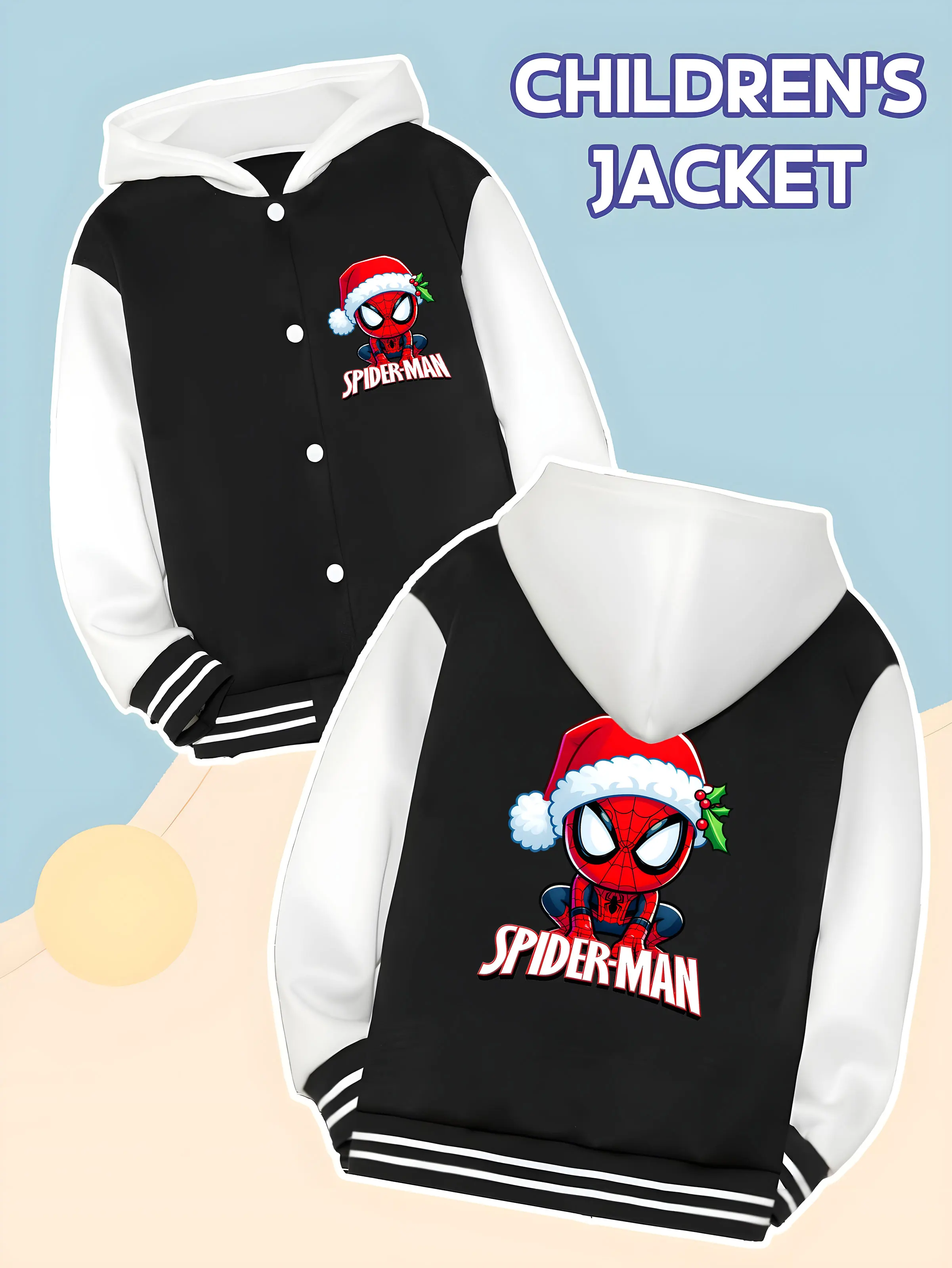 

MINISO Marvel Spider-Man Christmas Boys Baseball Jacket - Spider-Man wearing a Christmas hat cute print, double-sided and cute,