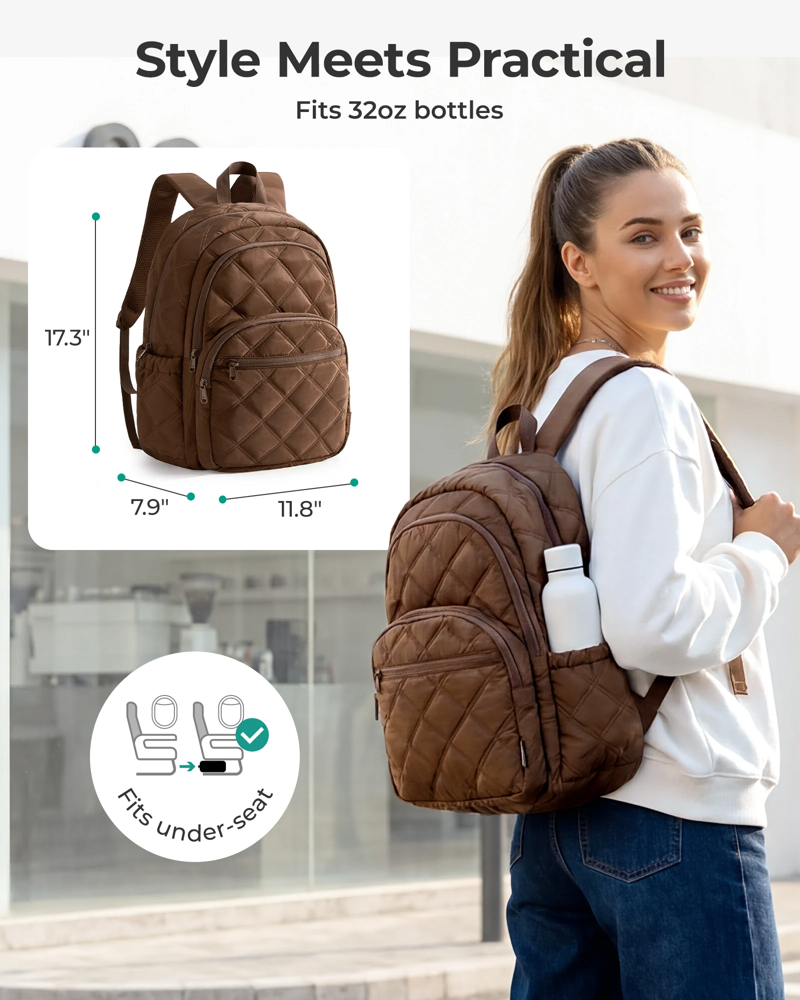 BAGSMART 15.6 Inch Laptop Backpack for Women Quilted College Bookbag Large Capacity Multi‑Pocket Casual Travel Daypack Rucksack