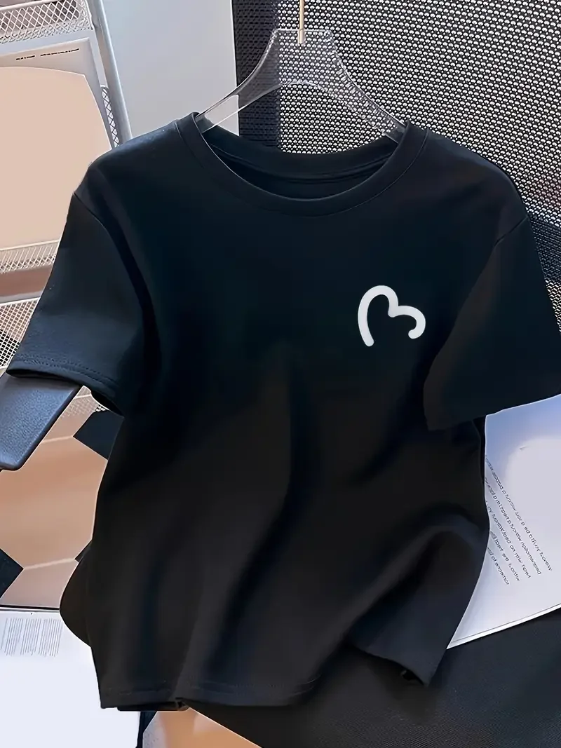 

Plus - Size Women's Black Short - Sleeve T - shirt, Minimalist White Heart Print, Simple & Stylish