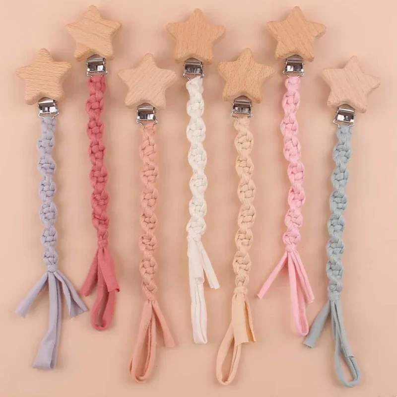 Hand Braided Cotton Cloth Pacifier Chains Leashes Handmade Wooden Dummy Pacifier Clips Safety Baby Girl Boy Eco-friendly Holder