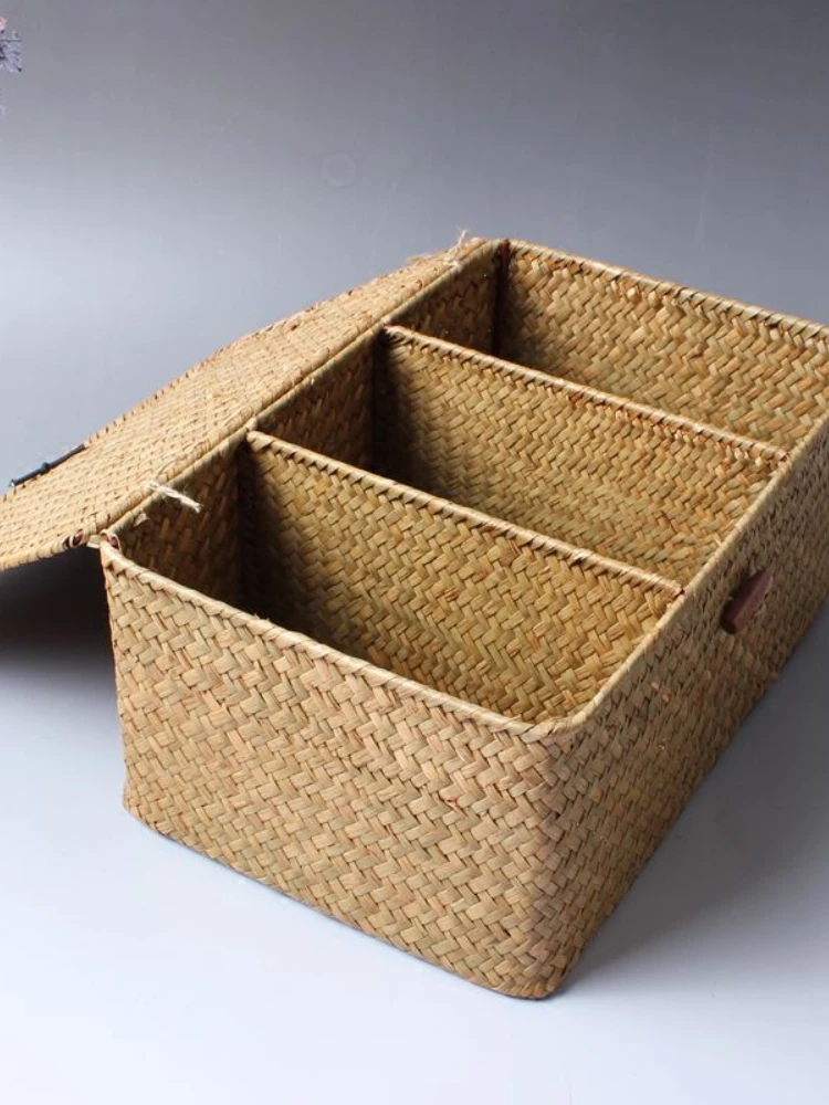 Natural Handmade Sea Straw Storage Box Desktop Storage Three Grids with Lid Jewelry Storage Box Tea Set Storage