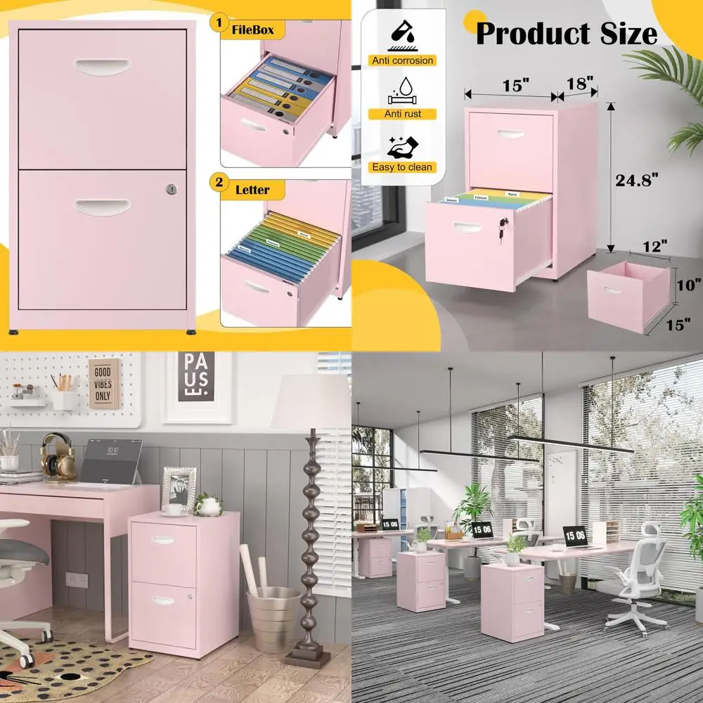 

Pink Metal 2-Drawer File Cabinet with Lock, Easy Assembly, Ideal for Home Office and Letter-Size Filing