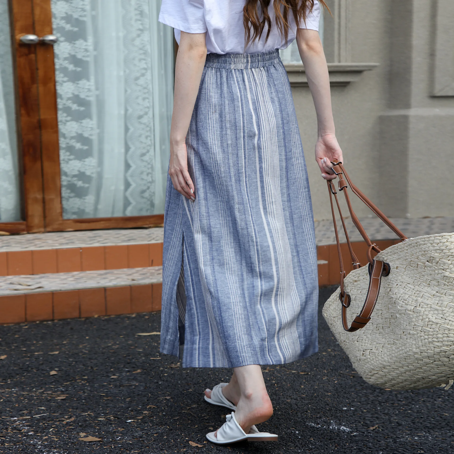 Cotton Linen Blue Striped Skirt Women\'s Thin Elastic Waist Half Loose Skirts with Pocket Design Summer Women Clothing Streetwear