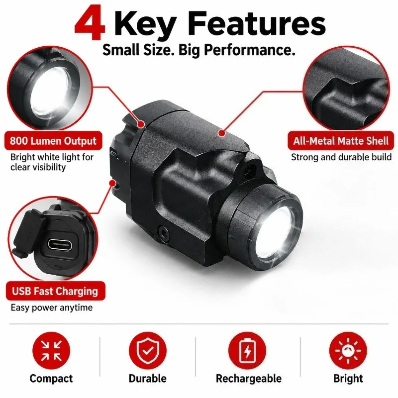 Practical All Metal Matte Shell 800 Lumen Under Mount Flashlight Built‑in Recharge Battery Position‑locking Accessories