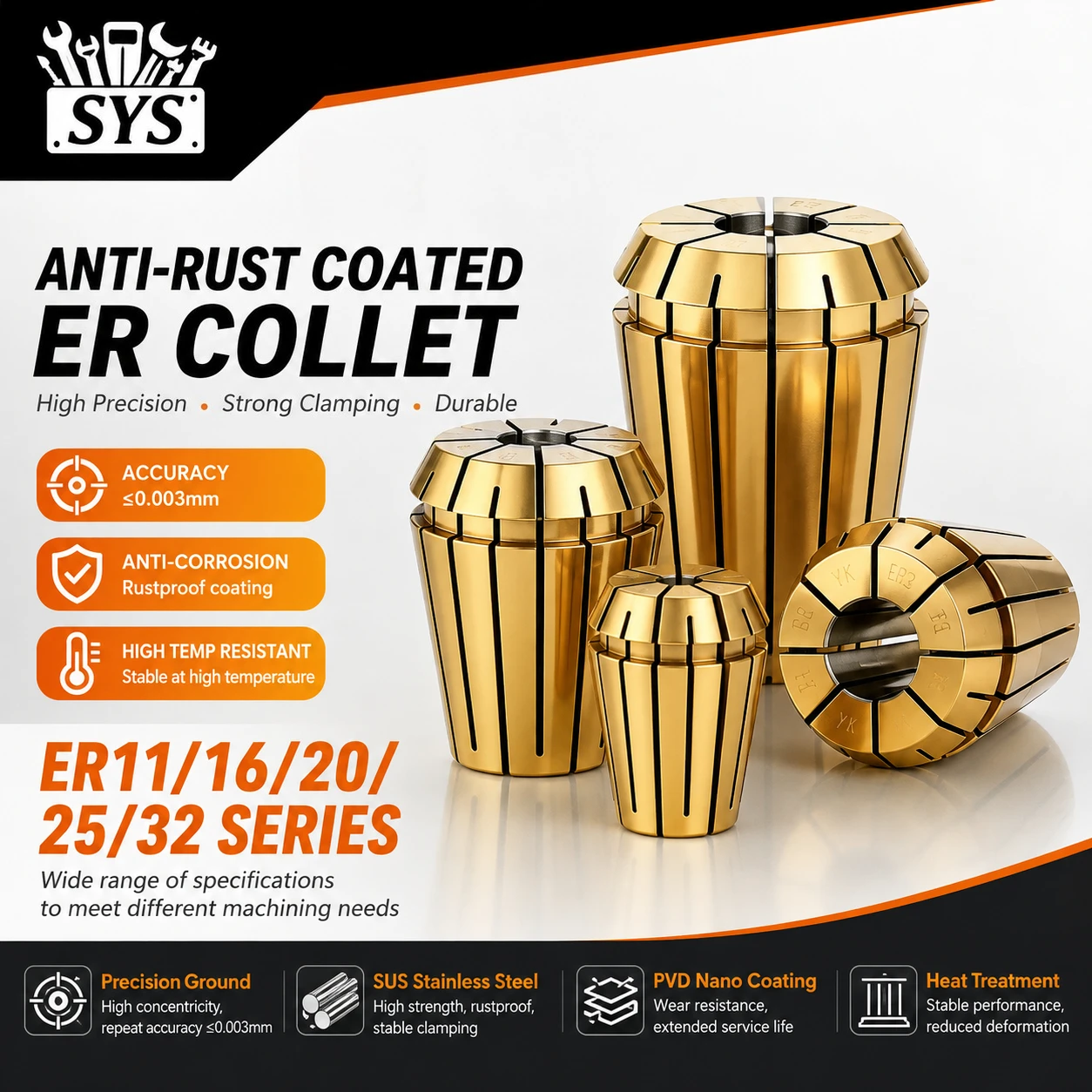SYS ER Collet Carving Machine Spindle CNC Tool Holder ER11/ER16/ER20/ER25/ER32 Collet PVD Coating Rust Prevention Accuracy 0.003