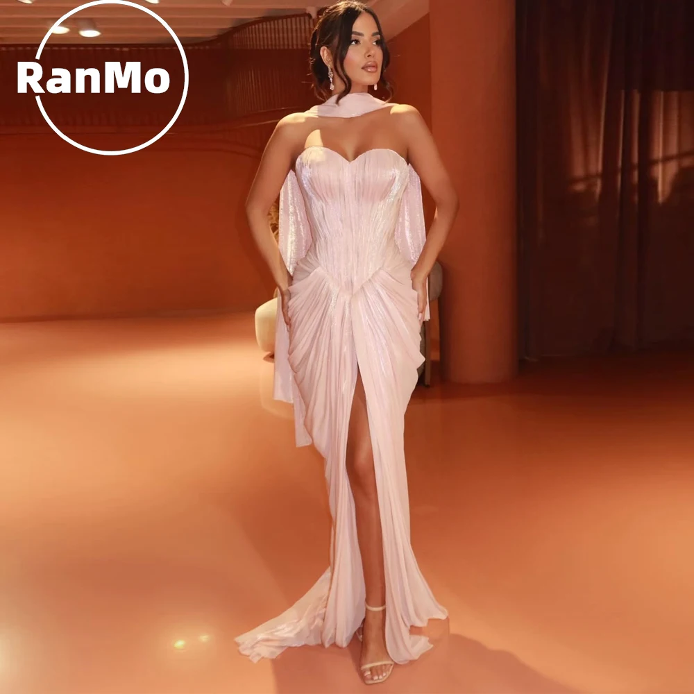 

Ranmo Customized Light Pink Strapless Pleated Evening Dress with Scarf High Slit Mermaid Formal Prom Gown for Women Party Dress