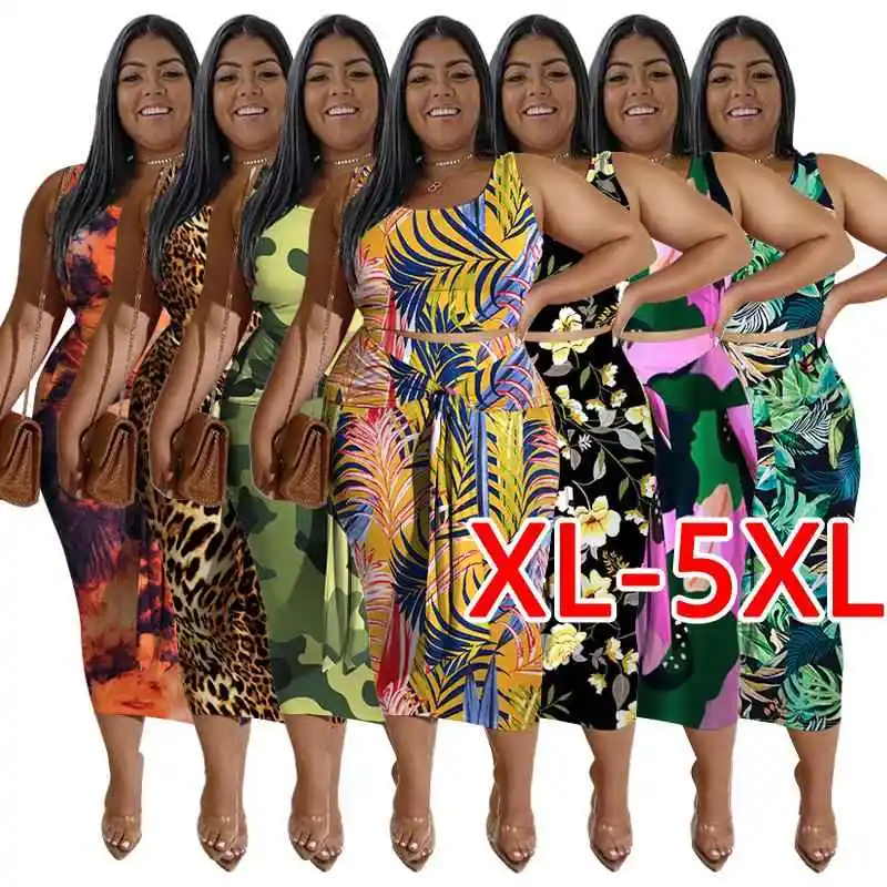 

Повседневный комплект большого размера с принтом, женский костюм-двойка 4X с цветочным узором, удобная юбка трапециевидной формы, дизайн со средней талией