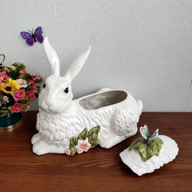 Underglaze colored ceramic large white rabbit biscuit jar  American wine cabinet TV decoration  living room foyer decoration