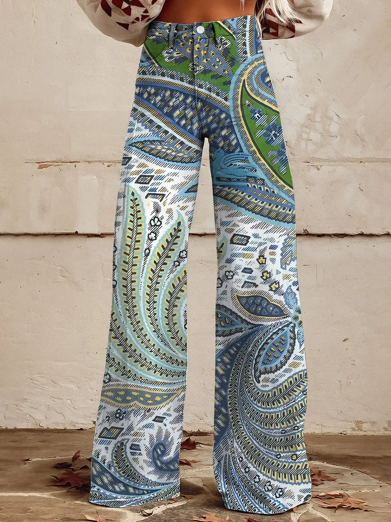 

High waisted wide leg flared jeans -3D printed imitation jeans for women