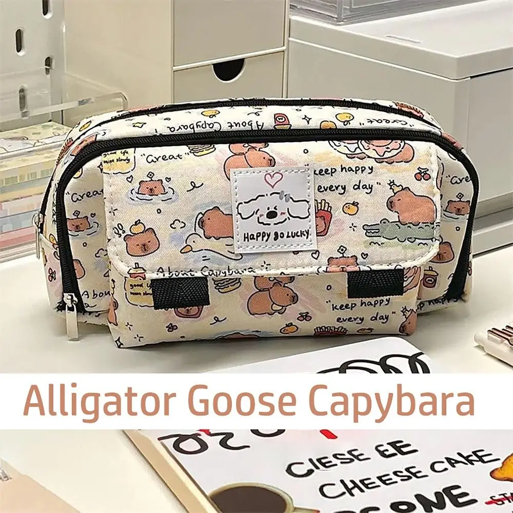 Cute Cartoon Print Pencil Case Portable Large Capacity Pen Bag Multi-functional Stationery Storage Pouch Office School Supplies