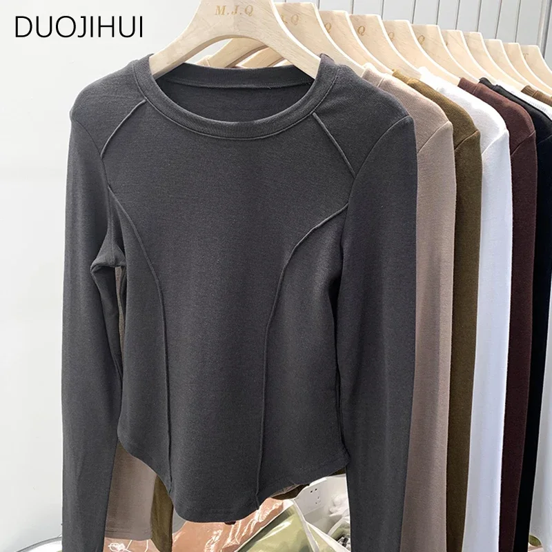 DUOJIHUI Winter Basic O-neck Long Sleeve Female T-shirts New Simple Casual Office Ladies Sweet Fashion Pure Color Women T-shirts