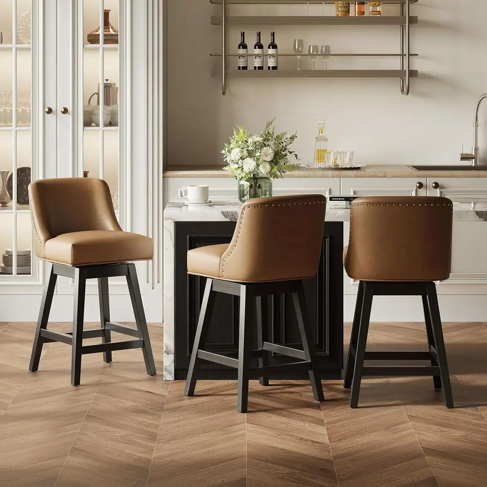 

Набор из 3-х мягких кожаных поворотных барных стульев, 27 высоты стойки, ножки из массива дерева для кухонного острова и уголока для завтрака (коричневый)