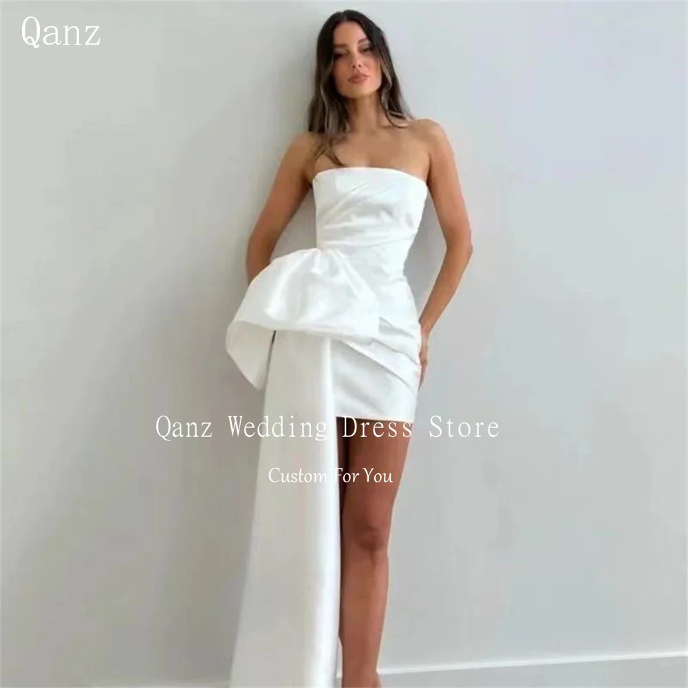 

Qanz Sheath Women Mini Prom Party Dresses Satin Above Knee Strapless Pleat Formal Wedding Dress For Bridesmaid Cocktail Gowns
