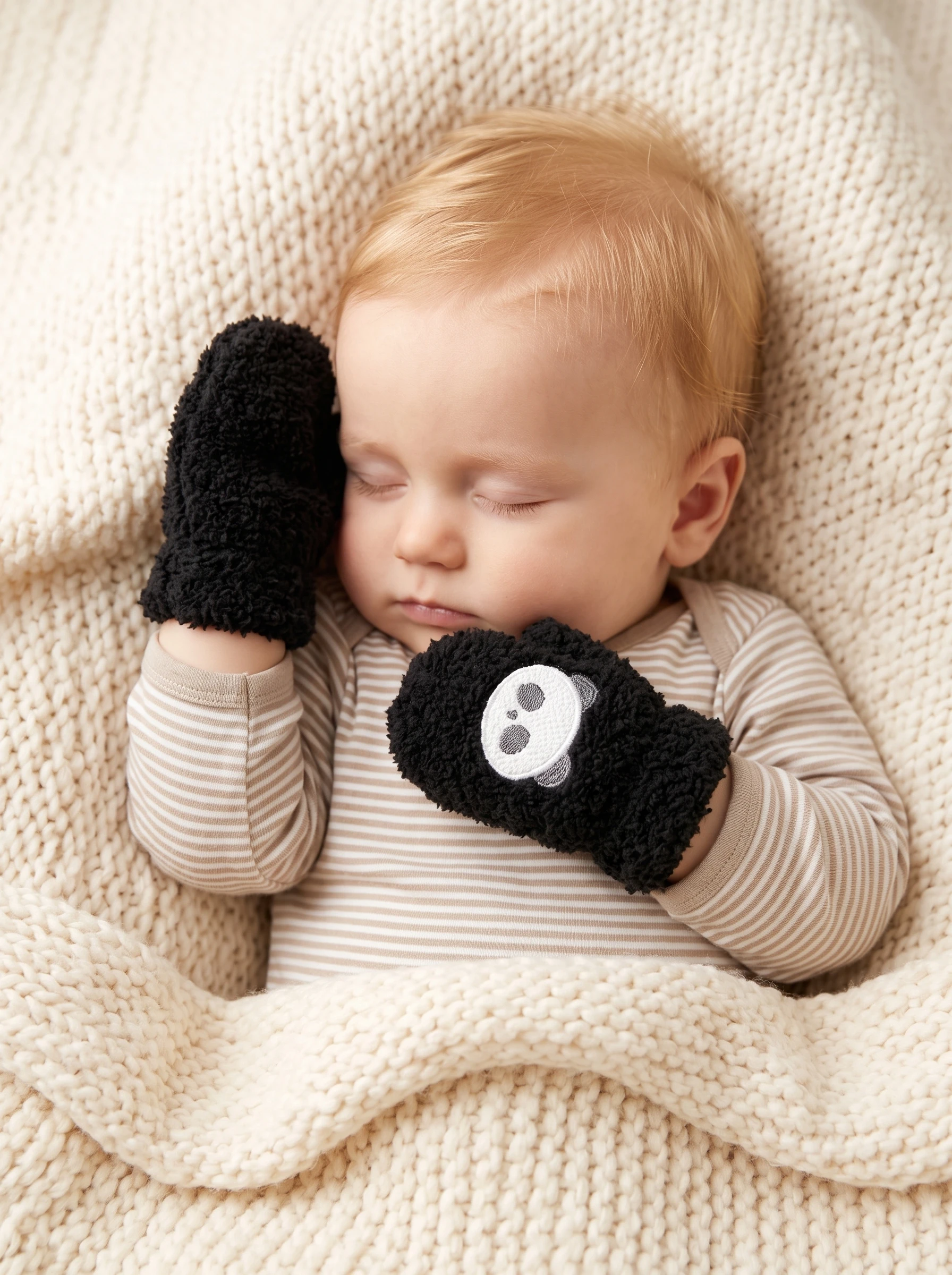 3Pairs Baby Boys Plush Knit Mittens 3-12M, Embroidered Panda Candy Color Thick Full Finger Winter Infant Hand Mitts