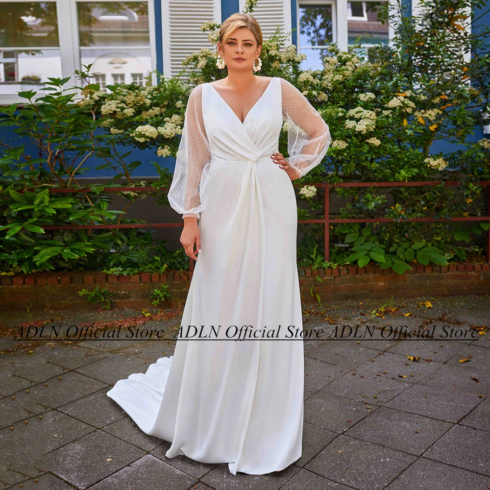 

ADLN Ivory Plus Size Wedding Dresses for Bride Dot Tulle Sleeves V Neck Sweep Train Mermaid Bridal Gown Vestido De Noiva