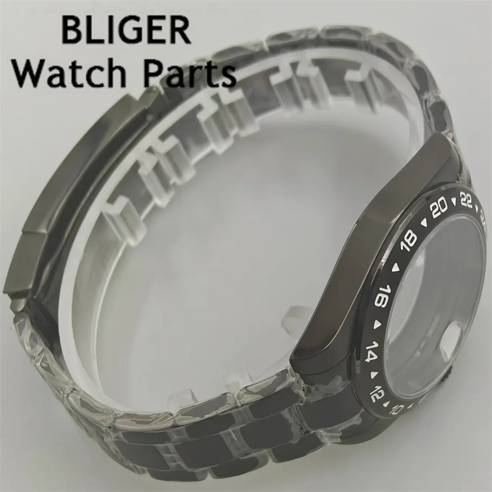 BLIGER 40mm Black PVD Watch Case Sapphire Glass Fixed Bezel Stainless steel bracelet Fit NH34 NH35 NH36 ETA2824 PT5000 Movement